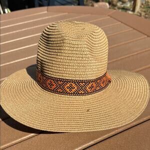 Paper Sun Hat Tan with Orange Band Adjustable